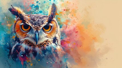 Painted owl with paint splash painting technique on colorful background copy space. generative ai
