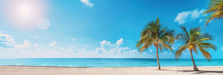 Fototapeta na wymiar Palm trees on a sandy beach with blue ocean and cloudy blue skies. Idyllic panoramic view for spring break and summer vacation background. Copy space