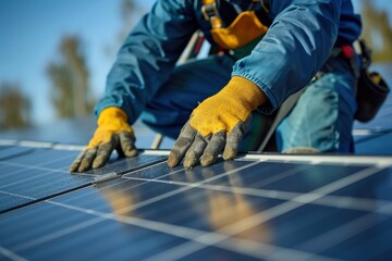 A close-up photo capturing the hands of installers securing a solar panel.
