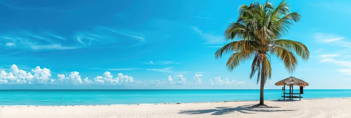 Palm trees on a sandy beach with blue ocean and cloudy blue skies. Idyllic panoramic view for spring break and summer  vacation background. Copy space