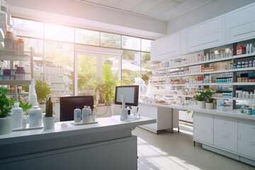 Modern pharmacy interior with bright lighting - obrazy, fototapety, plakaty
