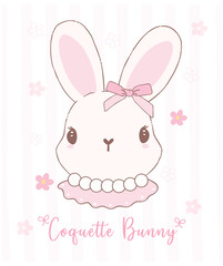 Cute Coquette bunny face with bow Cartoon, sweet Retro Happy Easter spring animal.