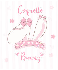 Cute Coquette bunny ears with bow Cartoon, sweet Retro Happy Easter spring animal.