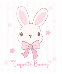 Cute Coquette bunny face with bow Cartoon, sweet Retro Happy Easter spring animal.