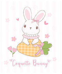 Cute Coquette bunny with bow and carrot Cartoon, sweet Retro Happy Easter spring animal.