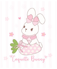 Cute Coquette bunny with bow and carrot Cartoon, sweet Retro Happy Easter spring animal.