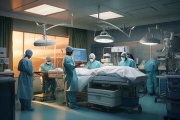 Surgical team performing operation in a well-lit OR