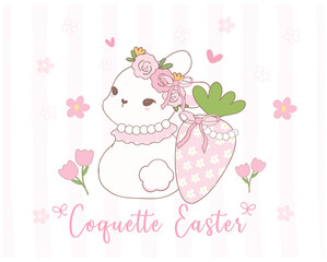 Cute Coquette Easter bunny with bow and carrot Cartoon, sweet Retro Happy Easter spring animal.