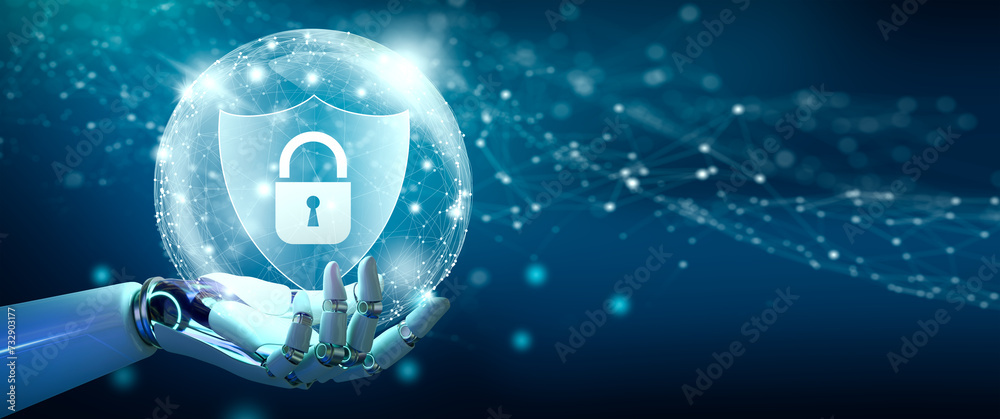 Wall mural ai robot hand holding shield with padlock icon and network wireframe over blue background abstract. 