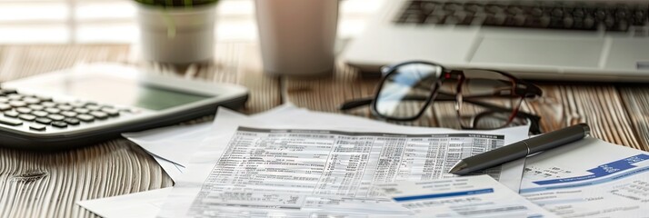 Taxes concept for IRS and fiscal policy. Money, eyeglasses, coffee, calculator, and paperwork with accountants accounting