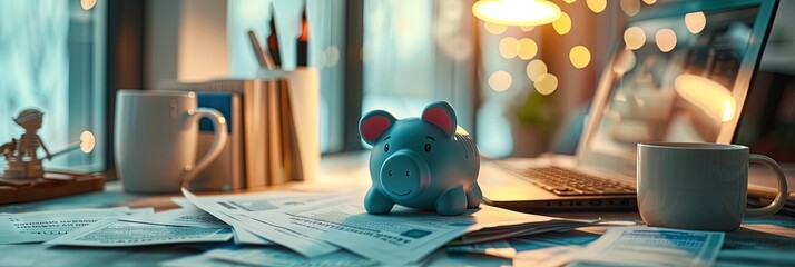 Taxes concept for IRS and fiscal policy. Piggybank, Money and paperwork with accountants accounting.  - obrazy, fototapety, plakaty