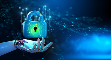Robot hand holding Padlock with Keyhole. Cyber data and information privacy. Future technology security, Network protection, and Modern safety digital Concept.