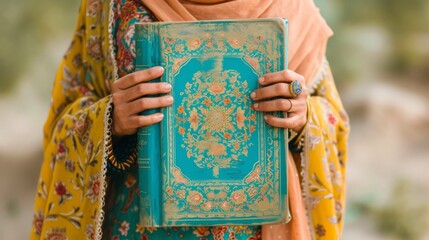 person is holding a beautifully decorated green book with intricate golden designs