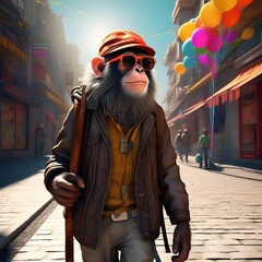 Monkey wearing clothes walking down the street