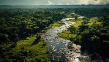 Aerial view of a river in the middle of the forest.