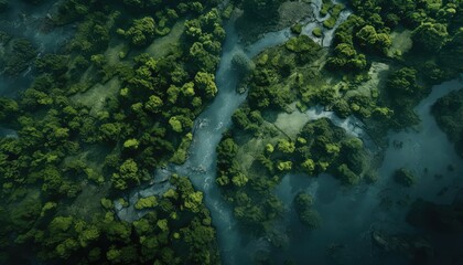 Aerial view of a river in the middle of the forest.