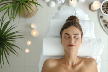 Obraz na płótnie Canvas Tranquil woman enjoying a serene spa treatment with white towels and candles, promoting relaxation and wellness.