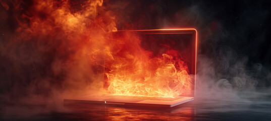 A dramatic and realistic image of a laptop engulfed in flames and smoke, set against a dark background. The focus is on the billowing smoke and the intense fire, creating a dramatic and intense scene.