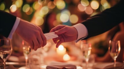 warm and intimate moment is captured where two people are exchanging a small, white card amidst a softly lit environment