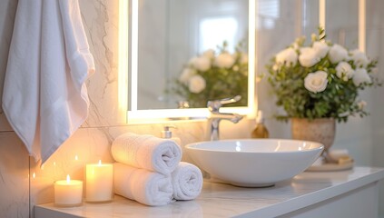 Obraz na płótnie Canvas Bathroom interior with white towels and candles. Bathroom decoration