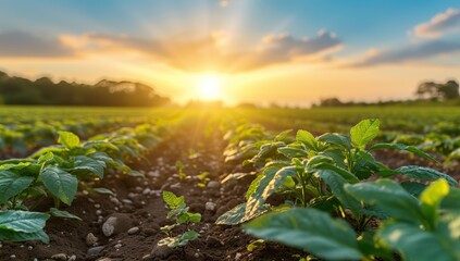 Agricultural field with young green pepper plants in the sunset.