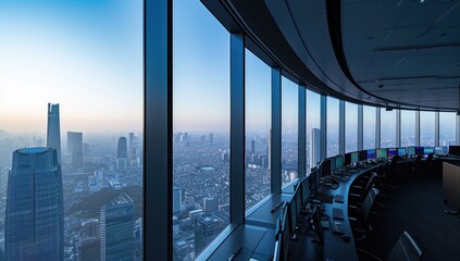 Panoramic Office Interior Overlooking Sprawling Cityscape at Dawn