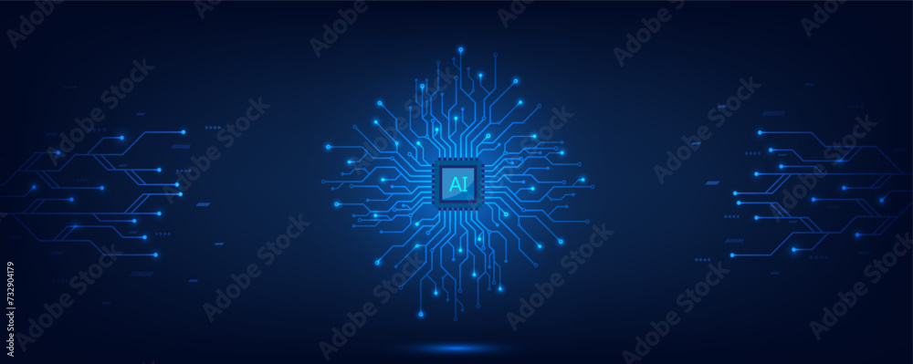 Poster Artificial intelligence technology circuit board. Technology abstract background. Futuristic concept technology artwork for web, banner template. Big data and machine learning. Vector illustration