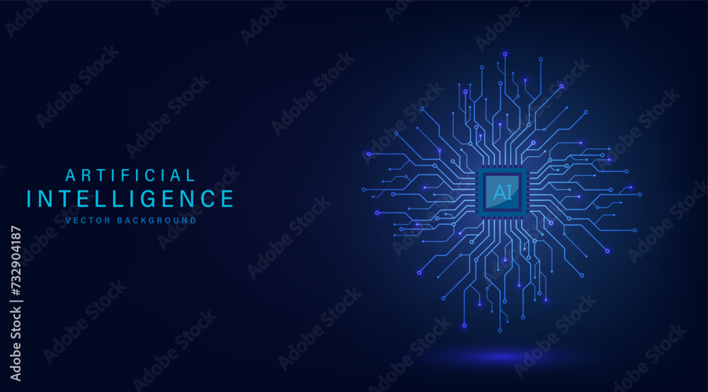 Fototapete Artificial intelligence technology circuit board. Technology abstract background. Futuristic concept technology artwork for web, banner template. Big data and machine learning. Vector illustration