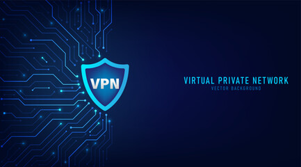 Virtual private network. Security wifi internet and Private network concept. Personal privacy protection. VPN symbol on the circuit board. Vector illustration on blue background. - obrazy, fototapety, plakaty