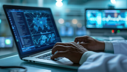 Doctor analyzing medical data on laptop in a modern healthcare facility