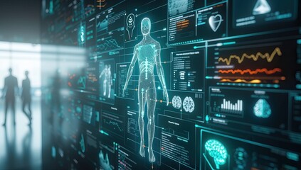 Digital composite of 3D human body with medical interface in blurry office