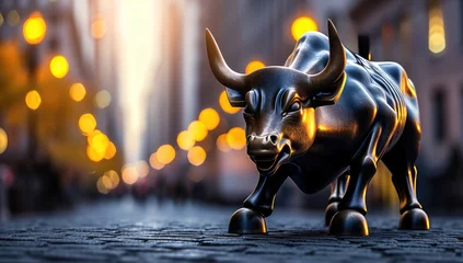 Deurstickers Golden bull standing powerfully in illuminated night city © Meow Creations
