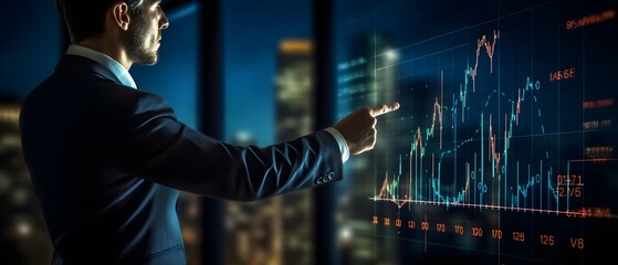 A businessman Analyzing Financial Data or charts for Business Growth: Investor's Guide to Profitable Market Analysis and Economy Growth Strategies - obrazy, fototapety, plakaty