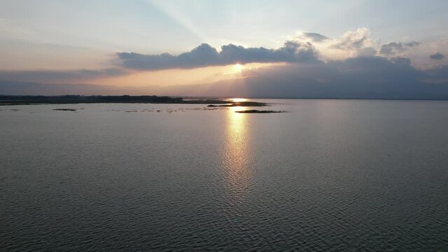 Aerial view of Phayao lake before sunset by drone