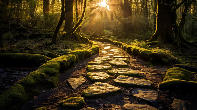 Golden Path: Serene Stone Walkway Through Enchanting Forest at Sunrise, Captured with Wide-Angle Lens
