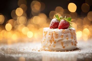 Close-up of angel food with a soft bokeh glow behind.