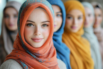 Hijabs : Portrait Group of women wearing different colored hijabs, symbolizing unity among various cultures and ethnicities - obrazy, fototapety, plakaty