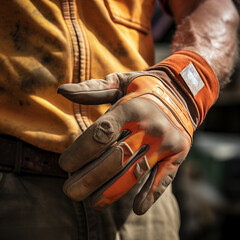 Close-up of Worker's Hands Wearing Protective Orange Safety Gloves at Construction Site