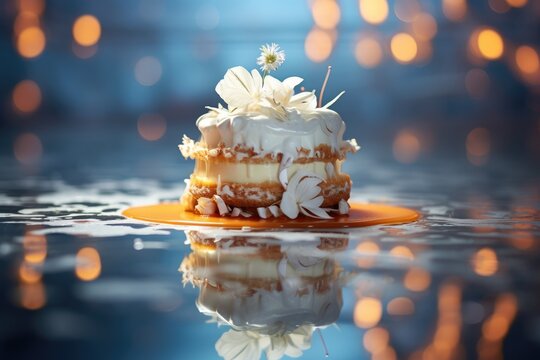 Angelic dessert on a reflective surface with bokeh magic.