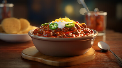 Savory Comfort: Photorealistic 3D Rendering of Mouthwatering Bowl of Chili