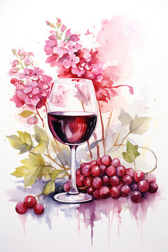 Vibrant watercolor illustration showcasing a delicate glass of wine surrounded by colorful flowers. Perfect for wine-themed designs, invitations, or decorative wall art.