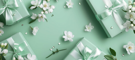 Elegant mint color gift boxes with white flowers, perfect for special occasions and celebrations. Beautifully wrapped presents ideal for birthdays, anniversaries, and joyous events. - Powered by Adobe