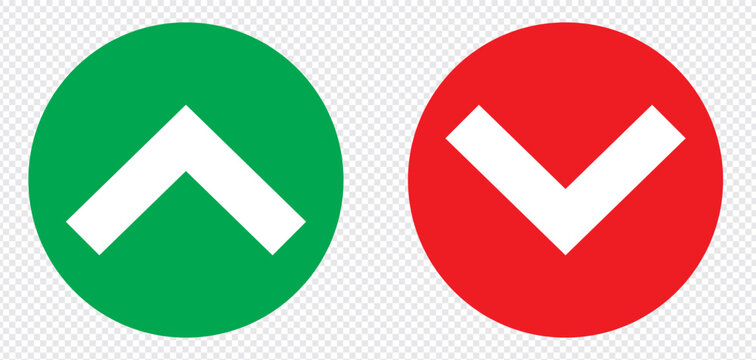 Arrows up and down. Upward, downward arrows in green and red isolated on white background, set of two. Flat style eps 10 vector illustration.