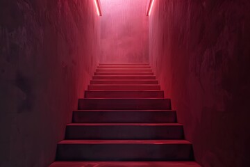 Grand empty staircase red hue mock-up - Generative ai 