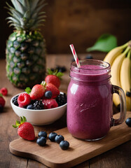 Healthy berry smoothie in a jar on a wooden tablem real photo