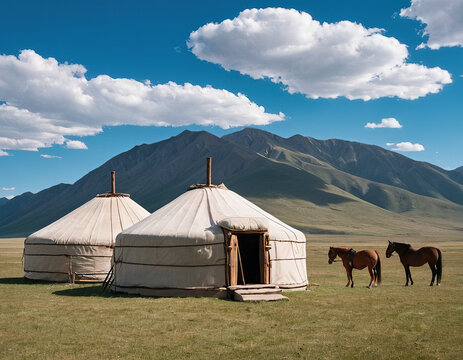 Kazakh yurt in the steppe, blue sky, mountains, horses