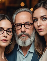 a 55 years old man with round glasses and beard, in the middle of two beautiful women