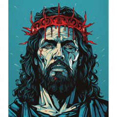 Illustration of a Man with Crown of Thorns in Sorrowful Pose

