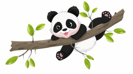 Curious Baby Panda Clinging to Tree Branch AI Generated.