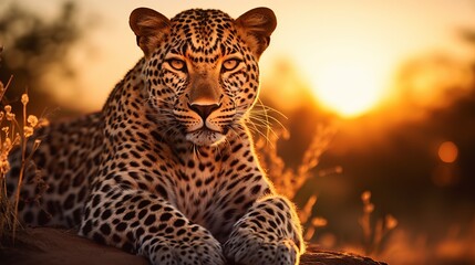Africa wildlife. Leopard sunset, Panthera pardus shortidgei, nature habitat, big wild cat in nature habitat, sunny day on the savannah, Zimbabwe. Wildlife nature. - obrazy, fototapety, plakaty